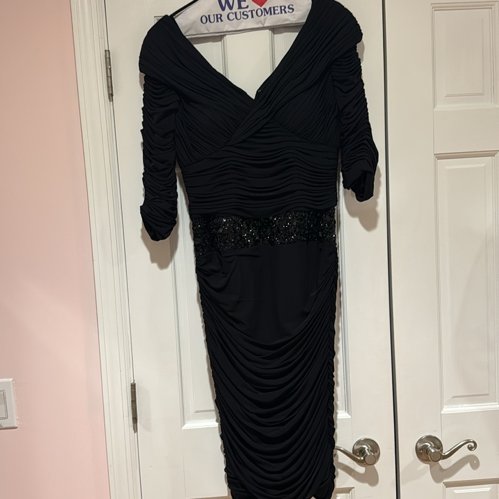 Tea Length Ruched Black Dress - Picture 2 of 5